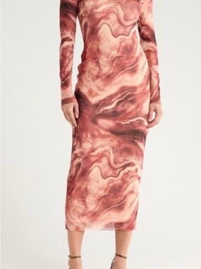 AFRM Los Angeles Long Sleeve Marble-Print Midi Dress in Rose